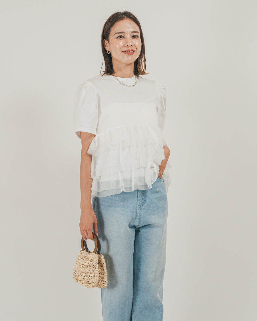 ［SET］チュールフリル ペプラムTシャツ + 接触冷感 10oz裾レースデニム（2SET）
