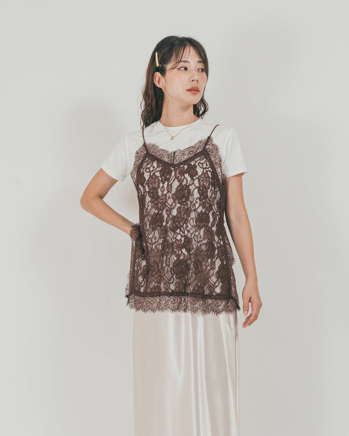 ［SET］ラッセルレース キャミ + 【接触冷感・UVカット・防臭】コンパクト半袖Tee + サテンNarrowスカート（3SET）