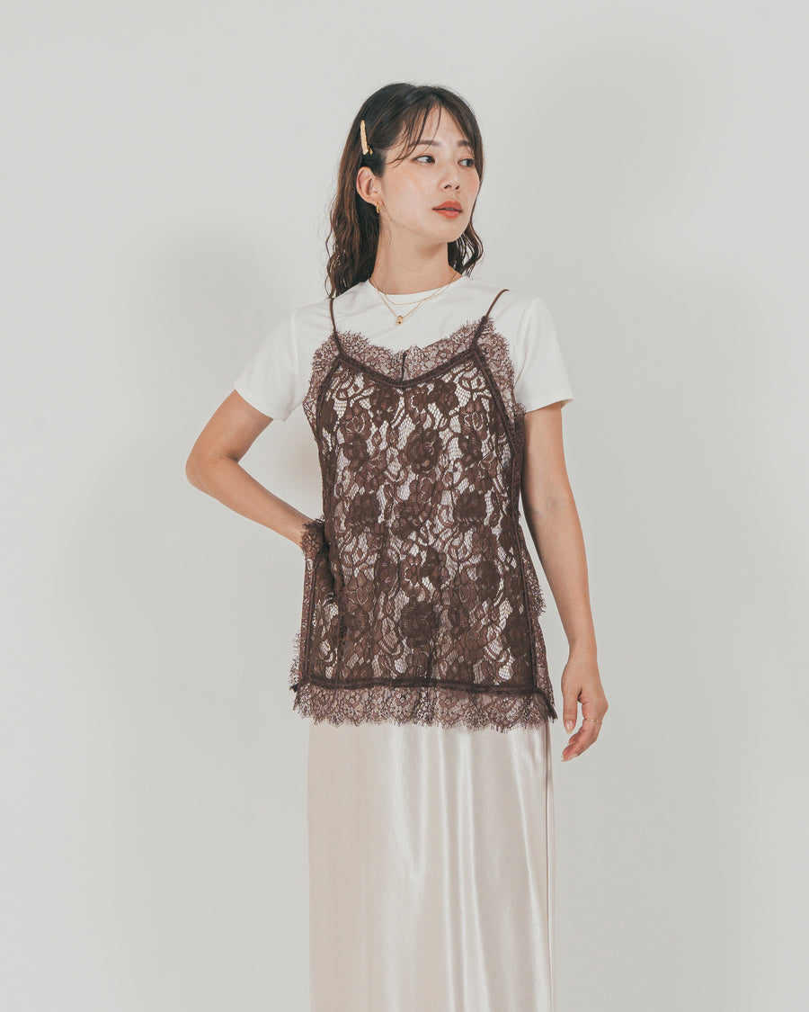 ［SET］ラッセルレース キャミ + 【接触冷感・UVカット・防臭】コンパクト半袖Tee + サテンNarrowスカート（3SET）