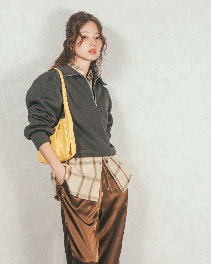 ［SET］裏起毛ハーフZipスウェット+Looseチェックシャツ+Relaxサテンパンツ