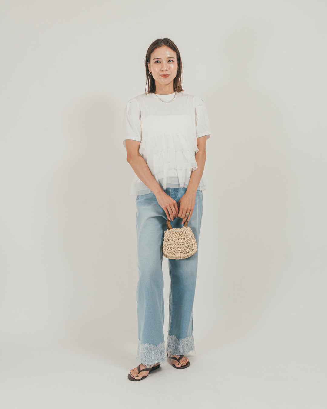 ［SET］チュールフリル ペプラムTシャツ + 接触冷感 10oz裾レースデニム（2SET）