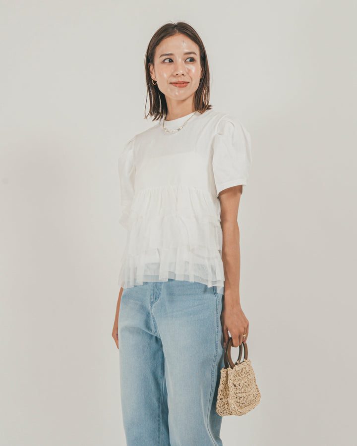 ［SET］チュールフリル ペプラムTシャツ + 接触冷感 10oz裾レースデニム（2SET）