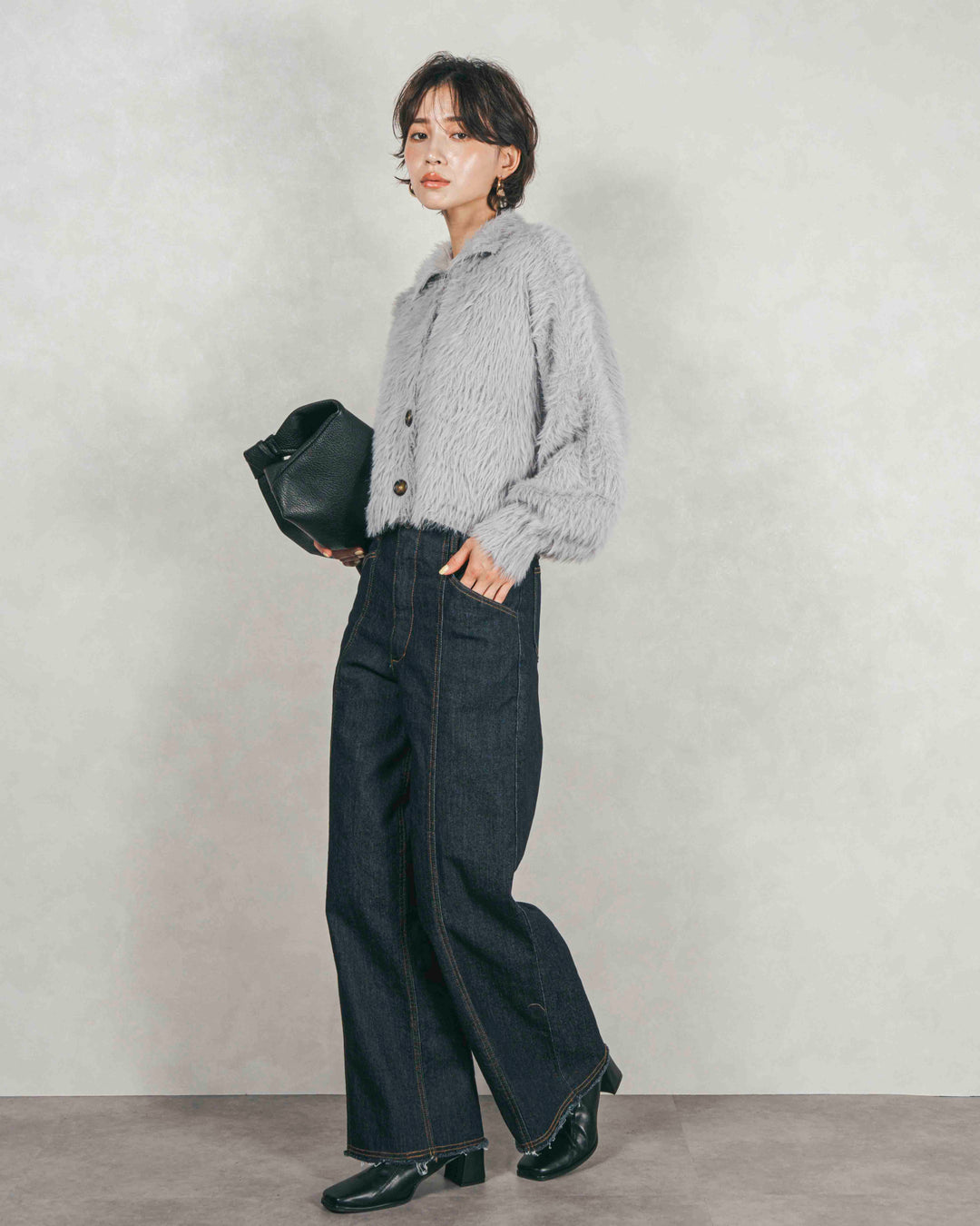［SET］フェザーヤーン 衿付きカーディガン+センターシーム リラックスワイドデニム（2SET）