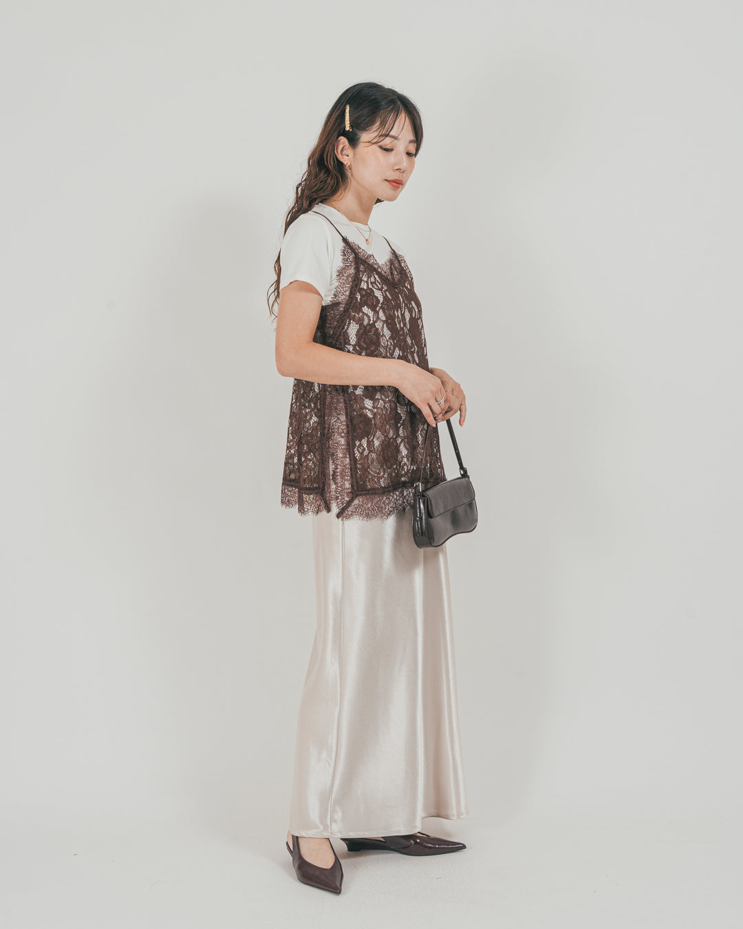 ［SET］ラッセルレース キャミ + 【接触冷感・UVカット・防臭】コンパクト半袖Tee + サテンNarrowスカート（3SET）