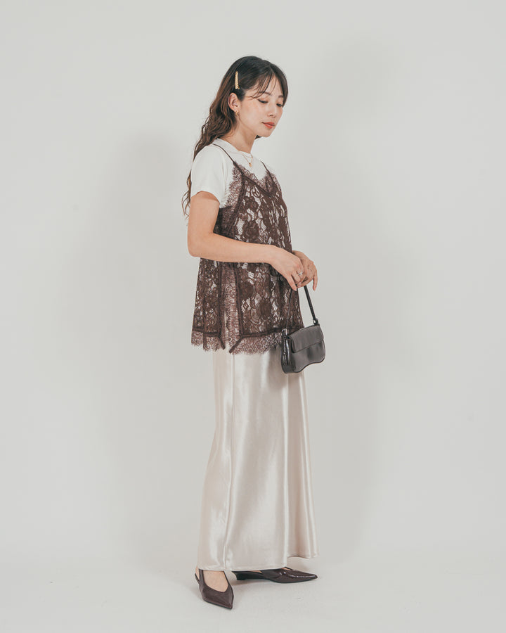 ［SET］ラッセルレース キャミ + 【接触冷感・UVカット・防臭】コンパクト半袖Tee + サテンNarrowスカート（3SET）