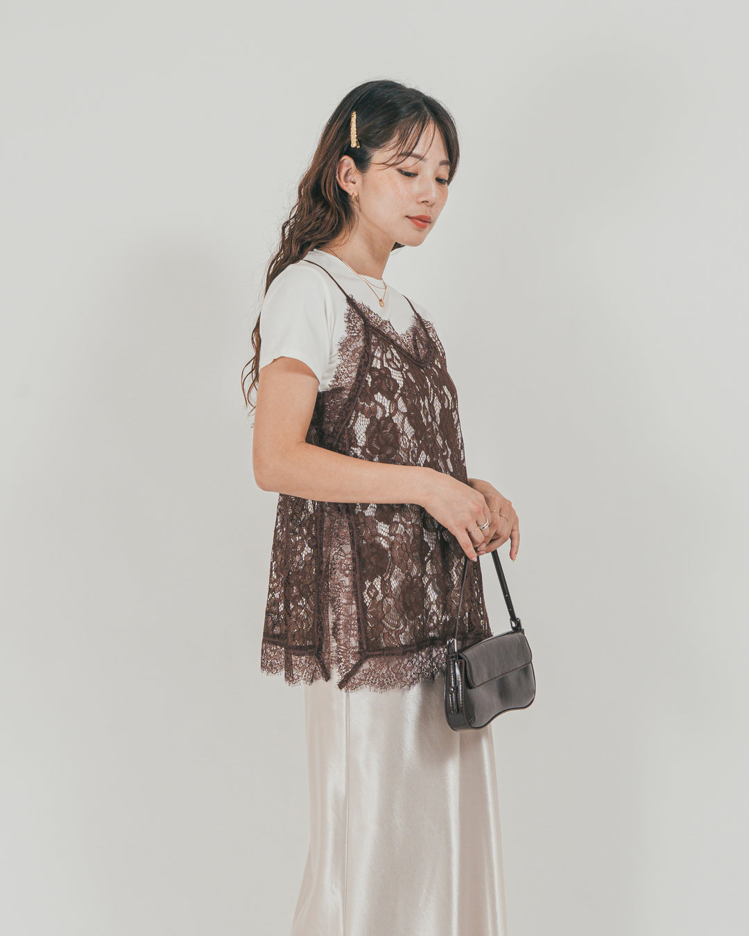 ［SET］ラッセルレース キャミ + 【接触冷感・UVカット・防臭】コンパクト半袖Tee + サテンNarrowスカート（3SET）