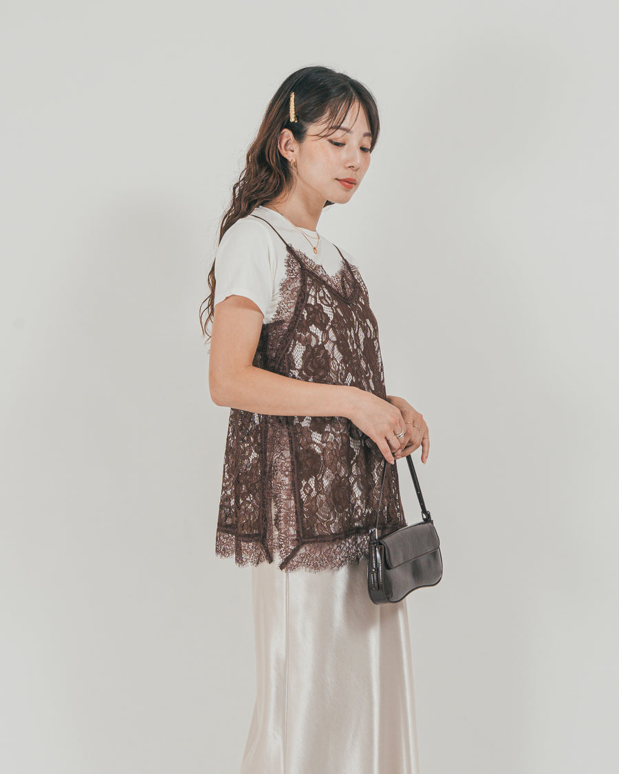 ［SET］ラッセルレース キャミ + 【接触冷感・UVカット・防臭】コンパクト半袖Tee + サテンNarrowスカート（3SET）