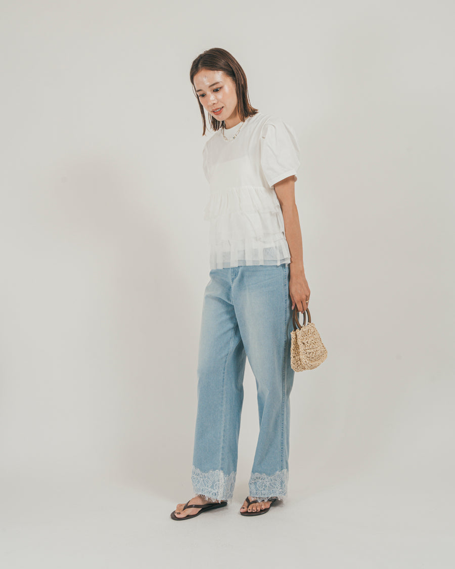 ［SET］チュールフリル ペプラムTシャツ + 接触冷感 10oz裾レースデニム（2SET）