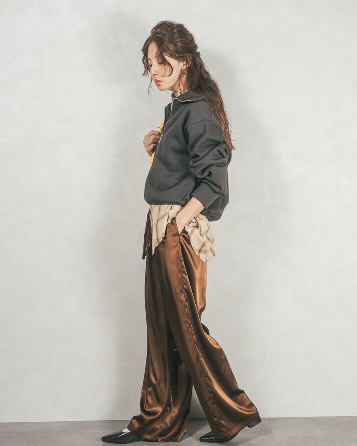 ［SET］裏起毛ハーフZipスウェット+Looseチェックシャツ+Relaxサテンパンツ