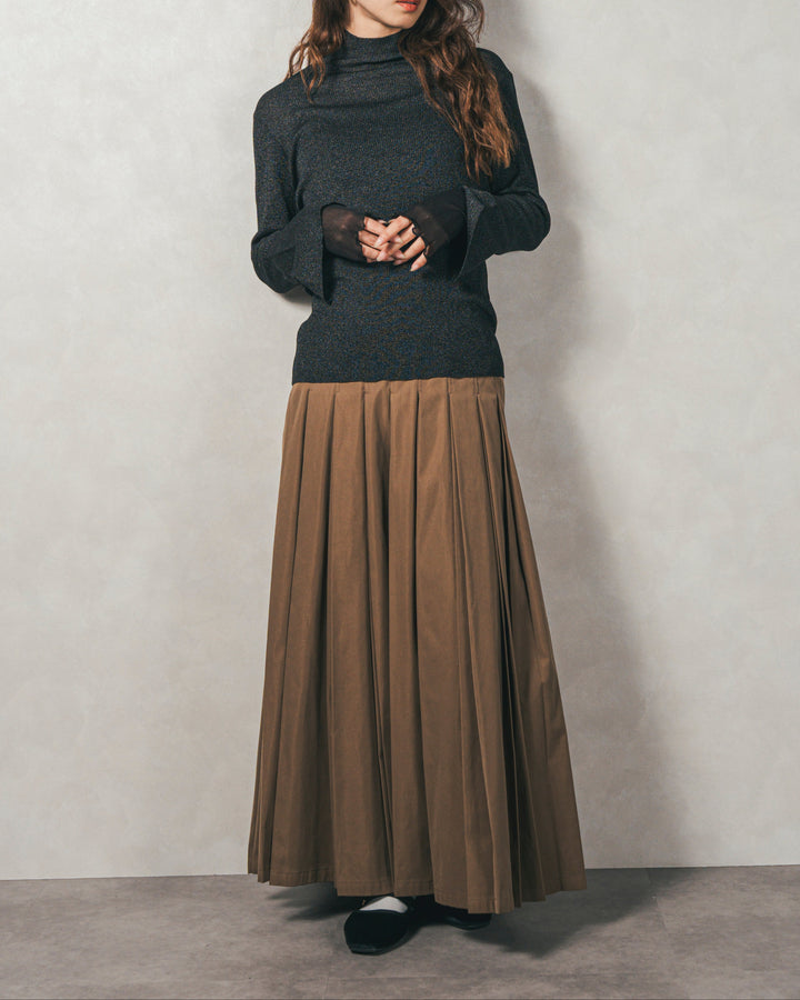 ［SET］袖レイヤードラメリブタートルニット+すっきり見えカップ付きキャミ+W-Tuckプリーツロングスカート（3SET）