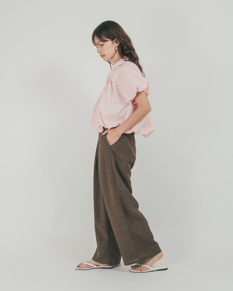 ［SET］バルーンShirringハーフスリーブシャツ + スラブTweedタックワイドパンツ（2SET）