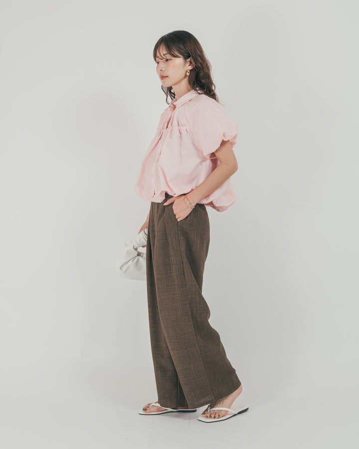 ［SET］バルーンShirringハーフスリーブシャツ + スラブTweedタックワイドパンツ（2SET）