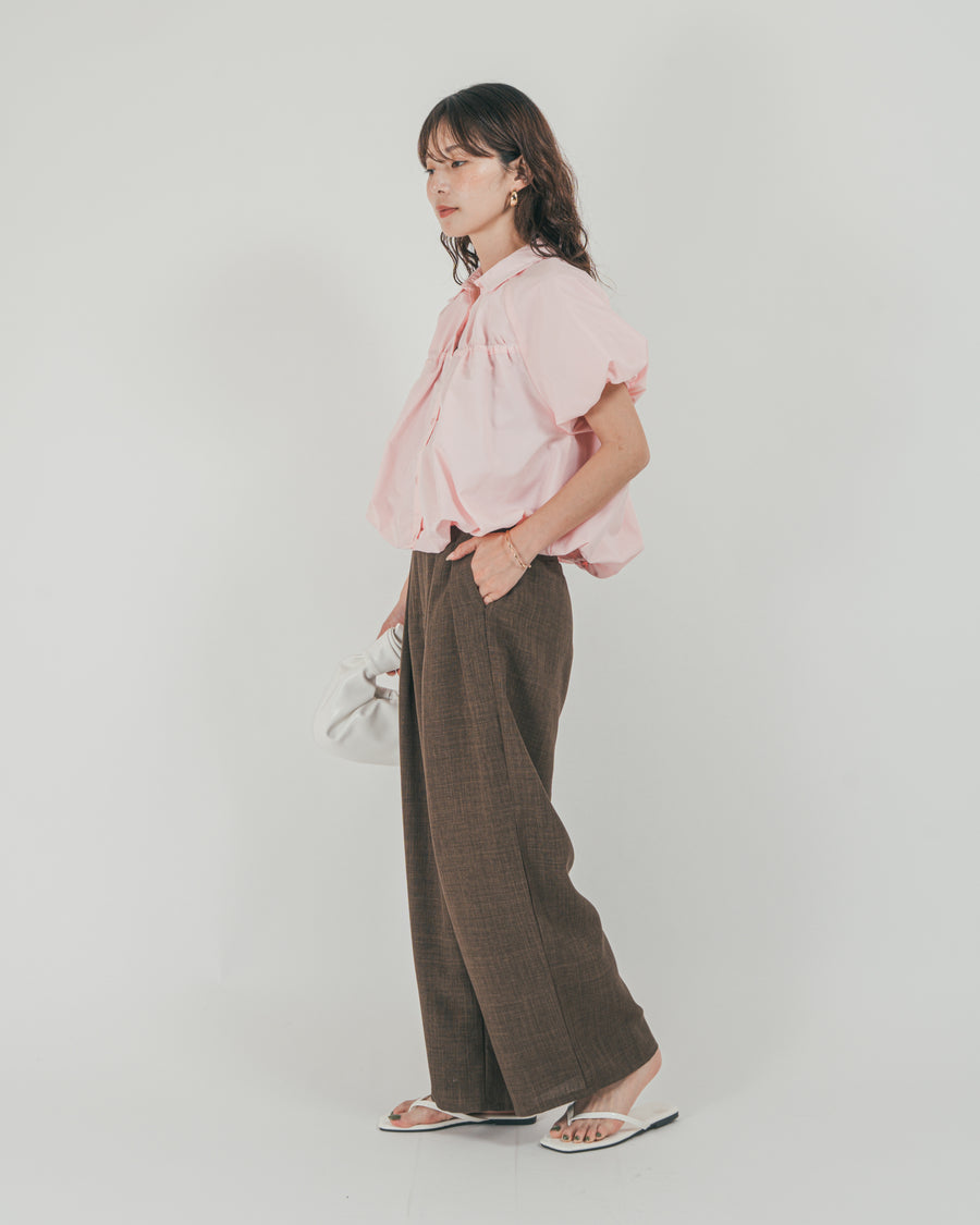 ［SET］バルーンShirringハーフスリーブシャツ + スラブTweedタックワイドパンツ（2SET）