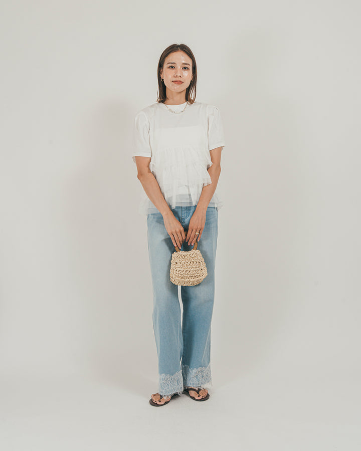 ［SET］チュールフリル ペプラムTシャツ + 接触冷感 10oz裾レースデニム（2SET）