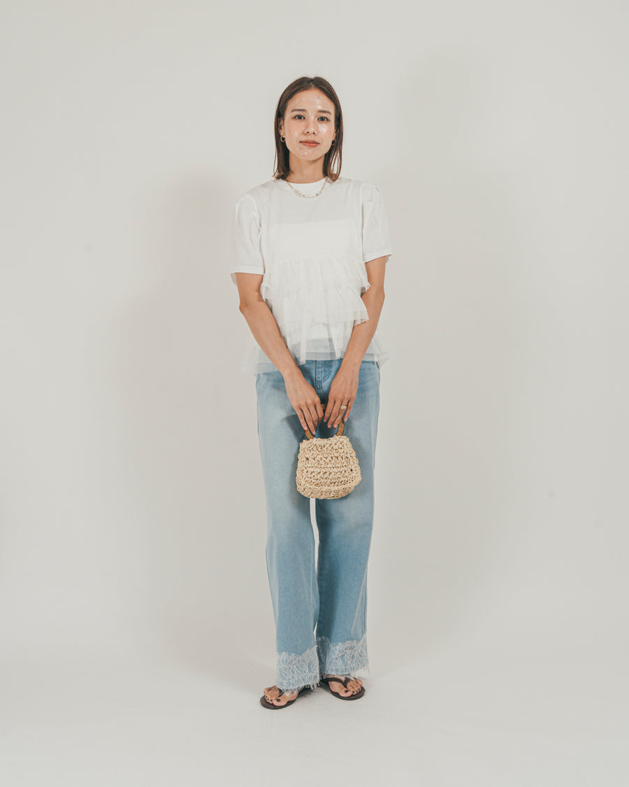 ［SET］チュールフリル ペプラムTシャツ + 接触冷感 10oz裾レースデニム（2SET）