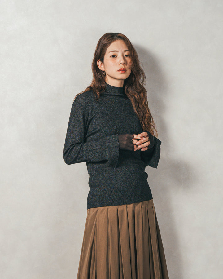 ［SET］袖レイヤードラメリブタートルニット+Tweedベロアサロペット（2SET）