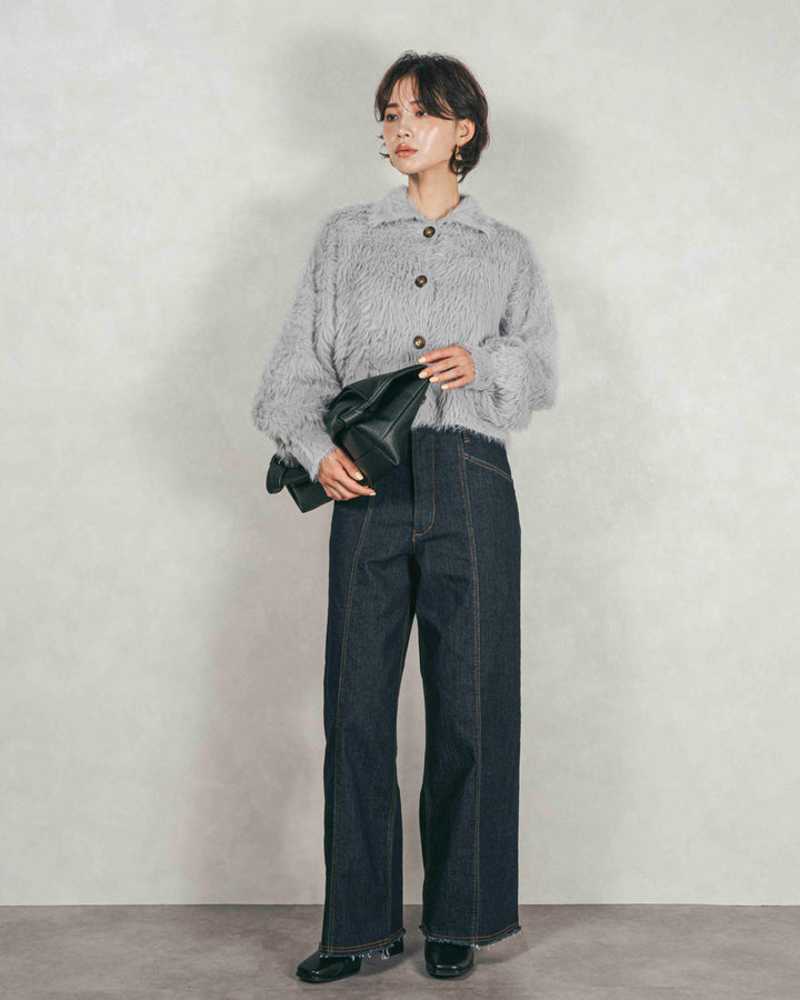 ［SET］フェザーヤーン 衿付きカーディガン+センターシーム リラックスワイドデニム（2SET）