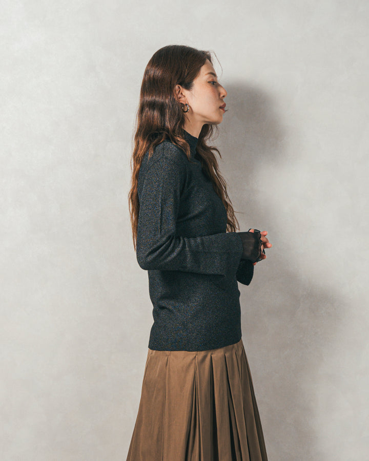 ［SET］袖レイヤードラメリブタートルニット+Tweedベロアサロペット（2SET）