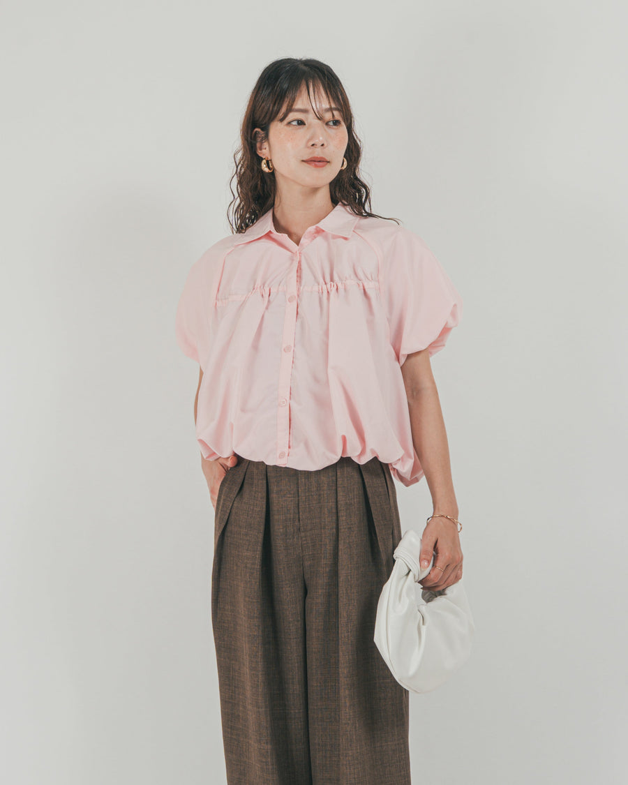 ［SET］バルーンShirringハーフスリーブシャツ + スラブTweedタックワイドパンツ（2SET）