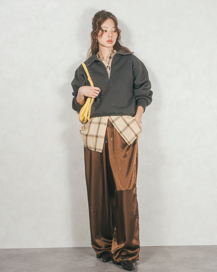 ［SET］裏起毛ハーフZipスウェット+Looseチェックシャツ+Relaxサテンパンツ