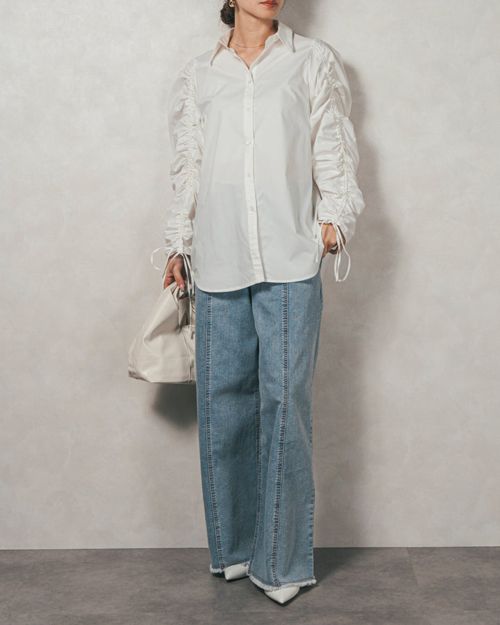 ［SET］ブロード袖ドロストデザインブラウス+2-Way Uネックメッシュニットベスト+センターシーム リラックスカラーデニム（3SET）