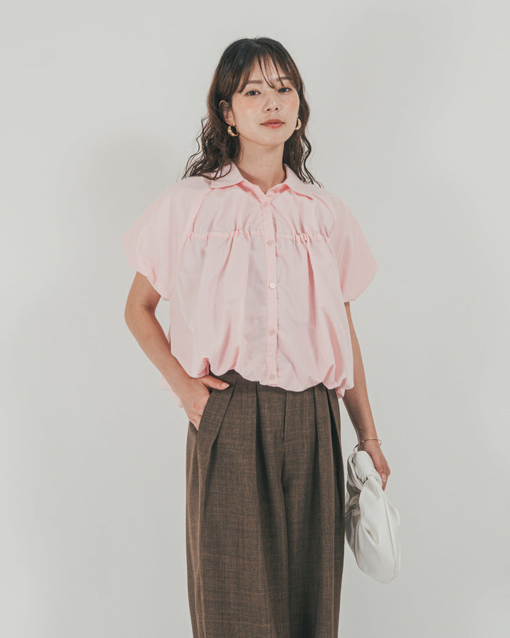 ［SET］バルーンShirringハーフスリーブシャツ + スラブTweedタックワイドパンツ（2SET）