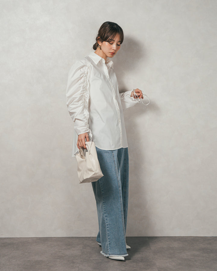 ［SET］ブロード袖ドロストデザインブラウス+2-Way Uネックメッシュニットベスト+フロントスリット Iラインデニムスカート（3SET）