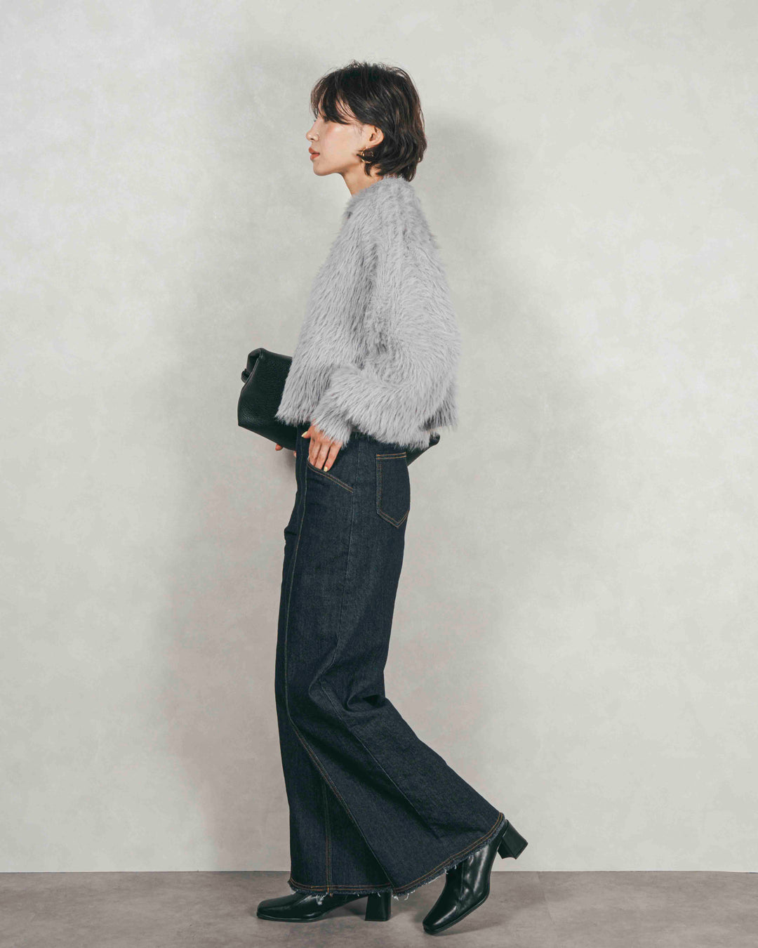 ［SET］フェザーヤーン 衿付きカーディガン+センターシーム リラックスワイドデニム（2SET）