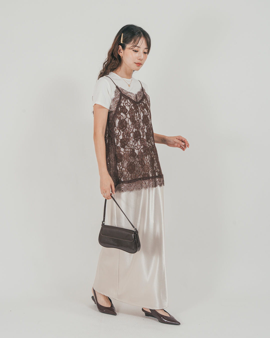 ［SET］ラッセルレース キャミ + 【接触冷感・UVカット・防臭】コンパクト半袖Tee + サテンNarrowスカート（3SET）