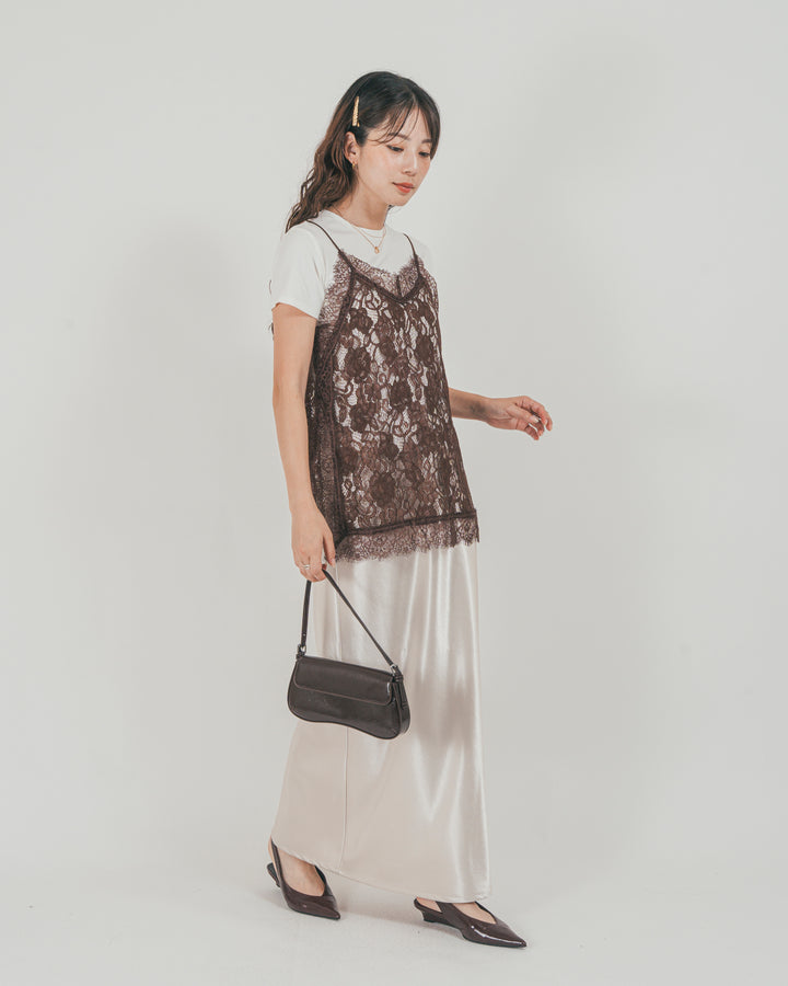 ［SET］ラッセルレース キャミ + 【接触冷感・UVカット・防臭】コンパクト半袖Tee + サテンNarrowスカート（3SET）