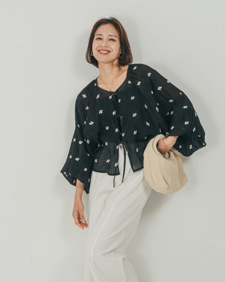 ［SET］フロントリボン刺繍 Veilブラウス + 10oz ニュアンスバイカラー リラックスワイドデニム（2SET）
