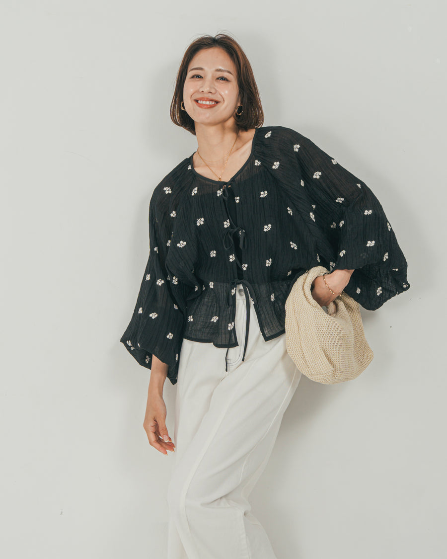 ［SET］フロントリボン刺繍 Veilブラウス + 10oz ニュアンスバイカラー リラックスワイドデニム（2SET）