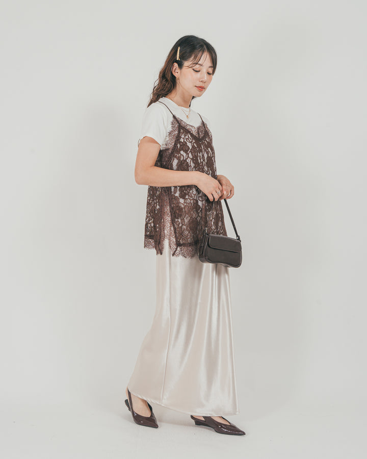 ［SET］ラッセルレース キャミ + 【接触冷感・UVカット・防臭】コンパクト半袖Tee + サテンNarrowスカート（3SET）