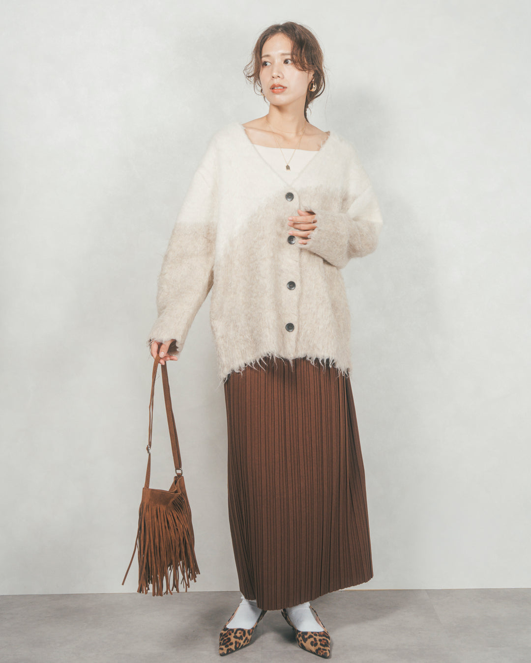［SET］Airyフェザー ニットカーディガン+プリーツNarrowロングスカート（2SET）