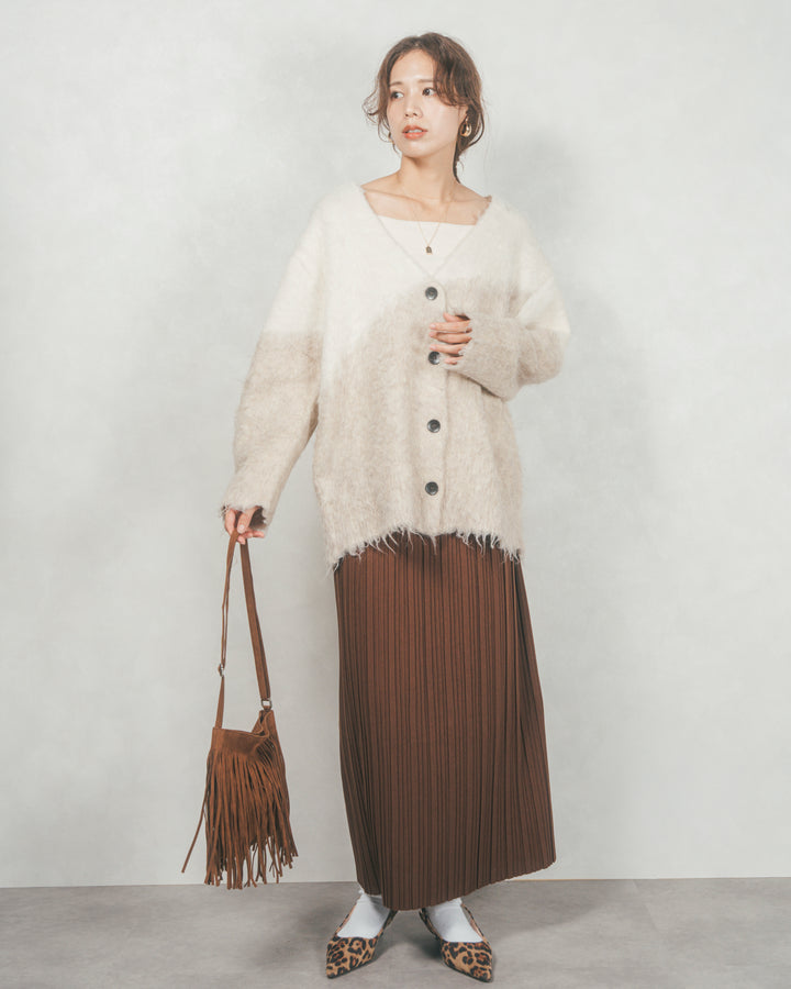 ［SET］Airyフェザー ニットカーディガン+プリーツNarrowロングスカート（2SET）