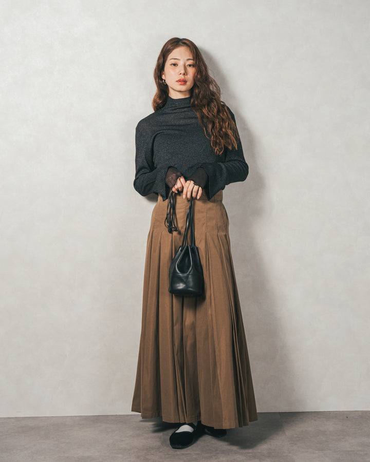 ［SET］袖レイヤードラメリブタートルニット+すっきり見えカップ付きキャミ+W-Tuckプリーツロングスカート（3SET）