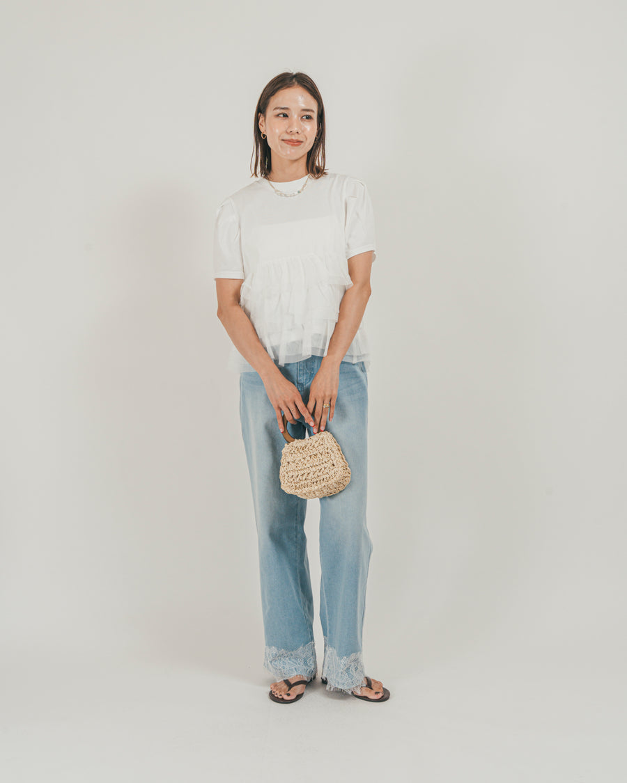 ［SET］チュールフリル ペプラムTシャツ + 接触冷感 10oz裾レースデニム（2SET）