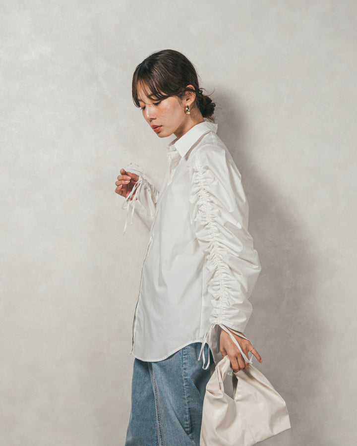 ［SET］ブロード袖ドロストデザインブラウス+メランジKnitロングワンピース（2SET）