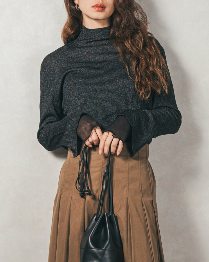 袖レイヤードラメリブタートルニット (BLACK)