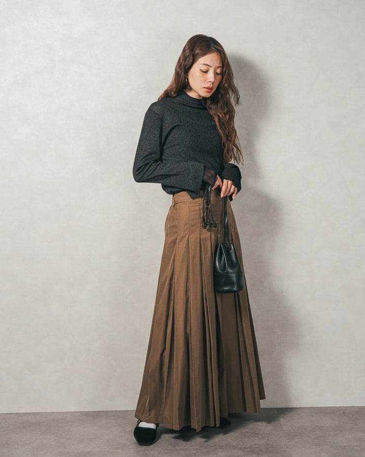 ［SET］袖レイヤードラメリブタートルニット+すっきり見えカップ付きキャミ+W-Tuckプリーツロングスカート（3SET）