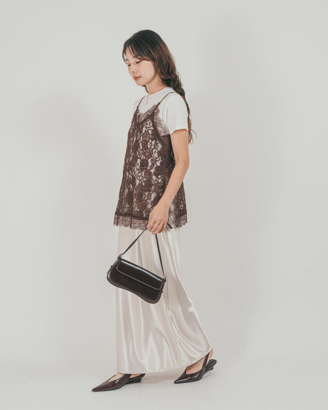 ［SET］ラッセルレース キャミ + 【接触冷感・UVカット・防臭】コンパクト半袖Tee + サテンNarrowスカート（3SET）