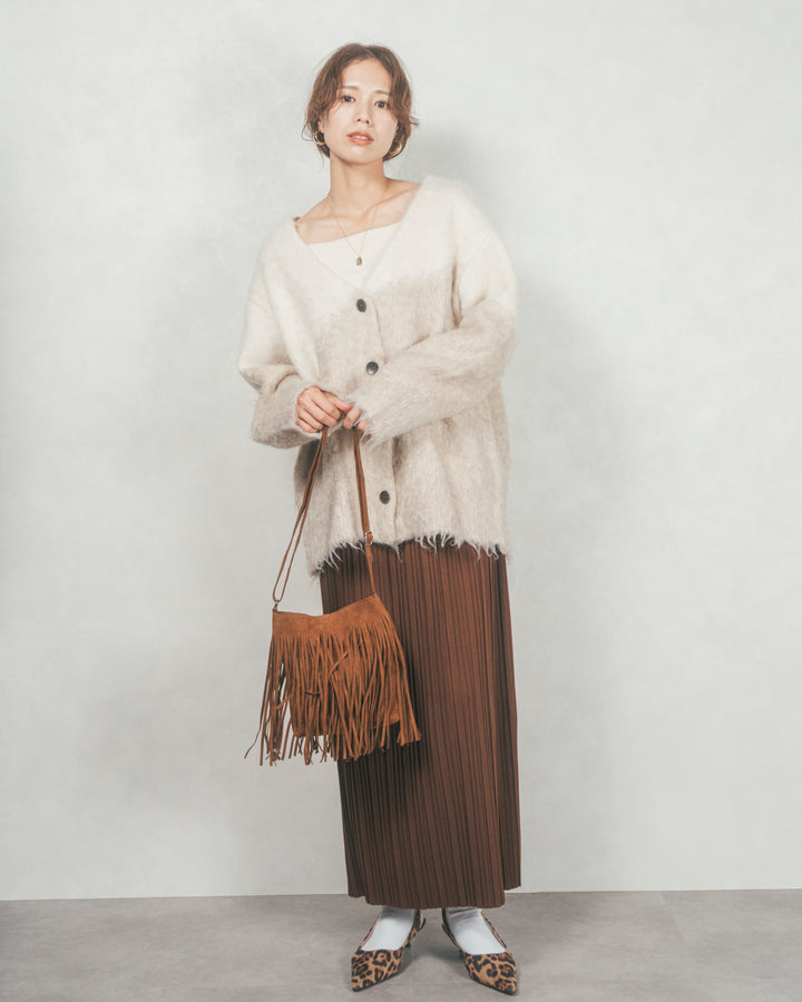 ［SET］Airyフェザー ニットカーディガン+プリーツNarrowロングスカート（2SET）