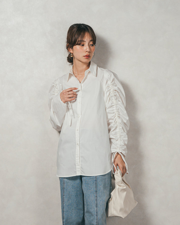 ［SET］ブロード袖ドロストデザインブラウス+メランジKnitロングワンピース（2SET）