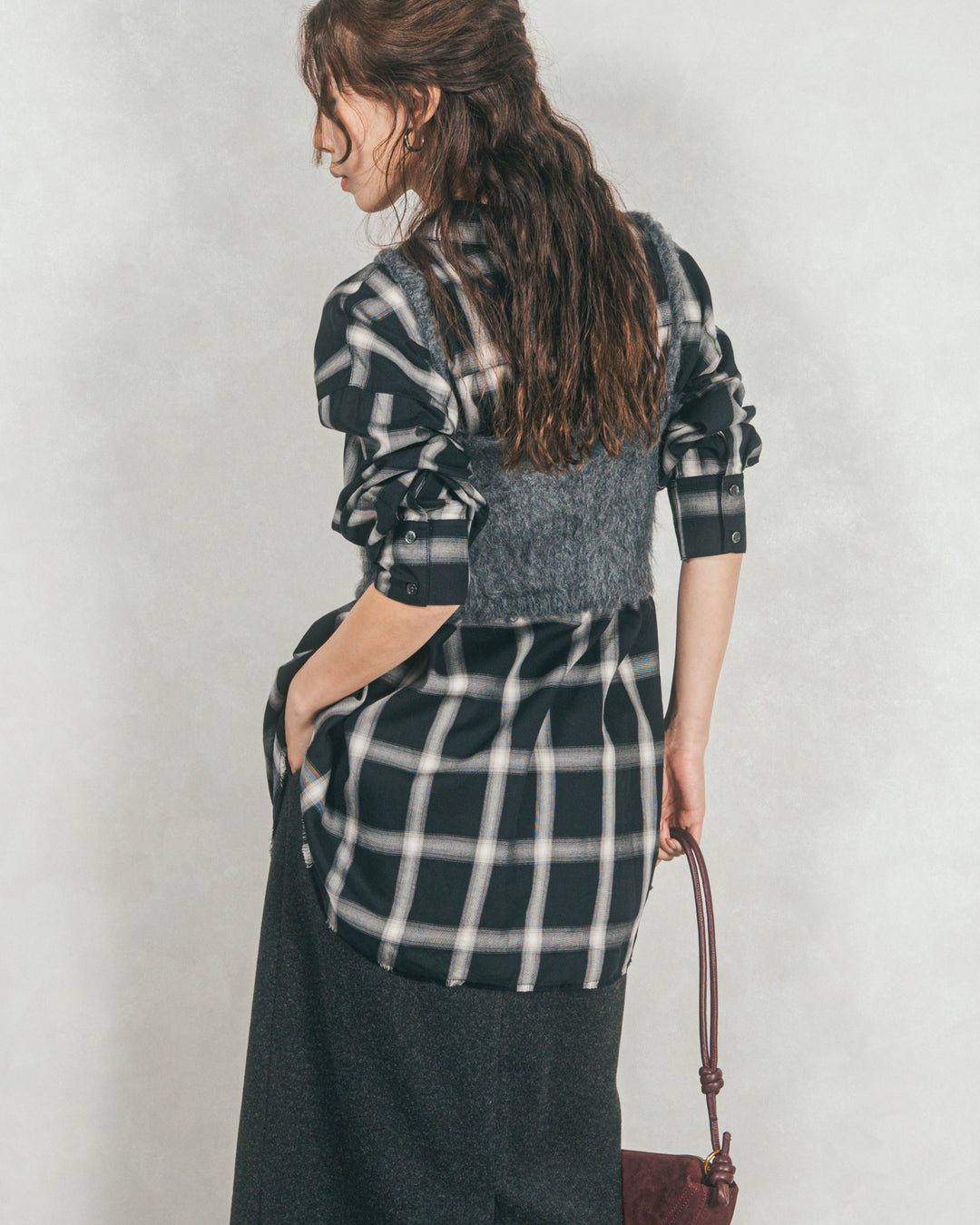 ［SET］Looseチェックシャツ+モヘアタッチKnitビスチェ