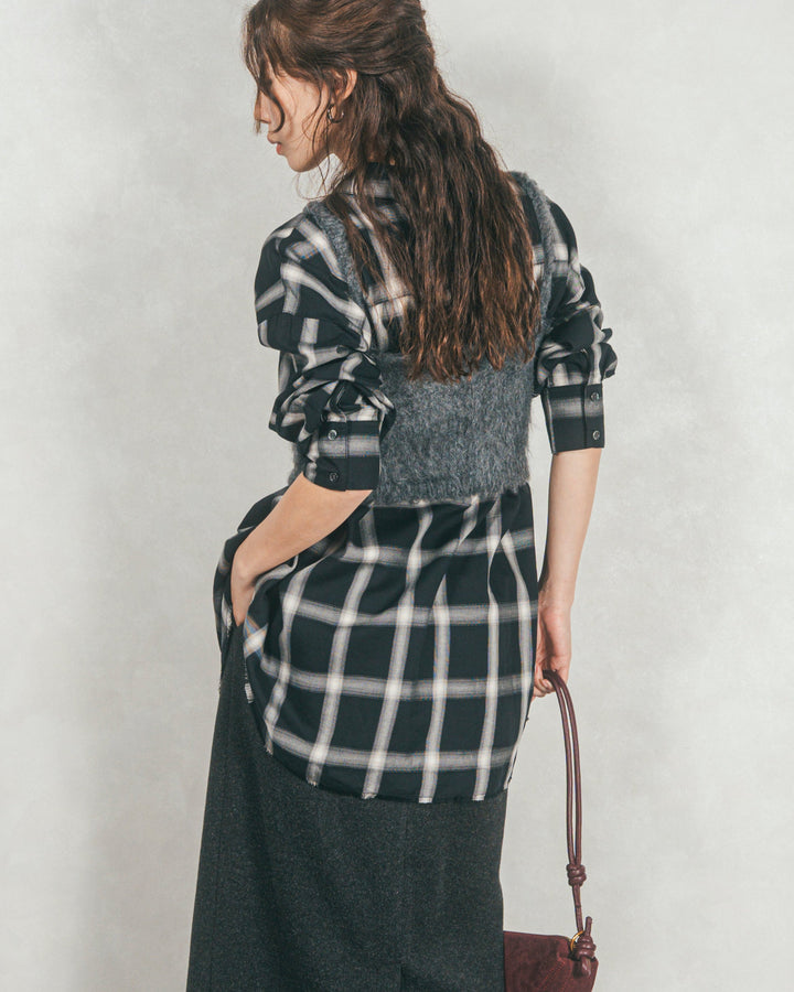 ［SET］Looseチェックシャツ+モヘアタッチKnitビスチェ