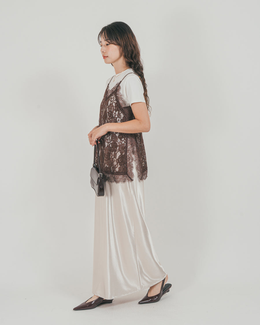 ［SET］ラッセルレース キャミ + 【接触冷感・UVカット・防臭】コンパクト半袖Tee + サテンNarrowスカート（3SET）