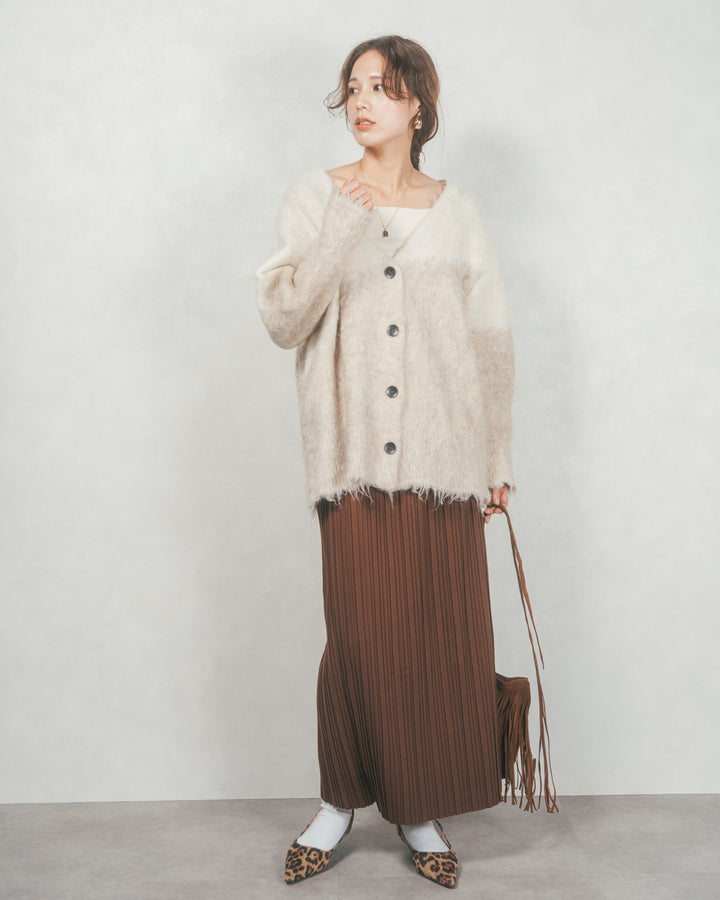［SET］Airyフェザー ニットカーディガン+プリーツNarrowロングスカート（2SET）