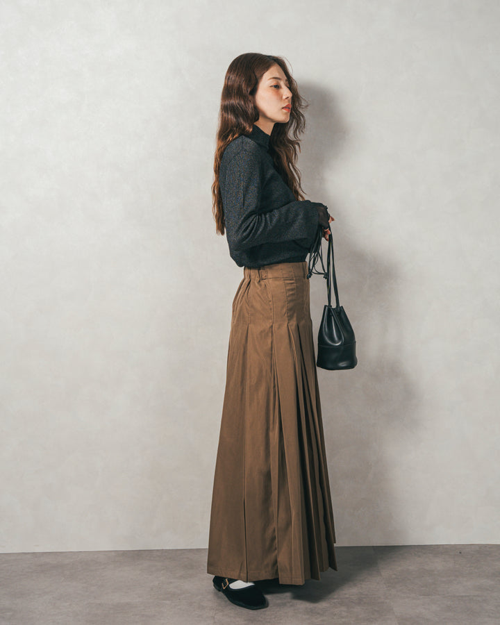 ［SET］袖レイヤードラメリブタートルニット+すっきり見えカップ付きキャミ+W-Tuckプリーツロングスカート（3SET）