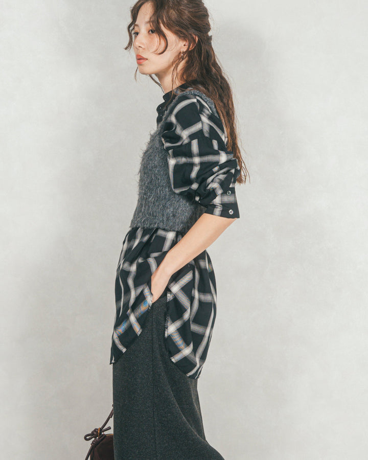 ［SET］Looseチェックシャツ+モヘアタッチKnitビスチェ