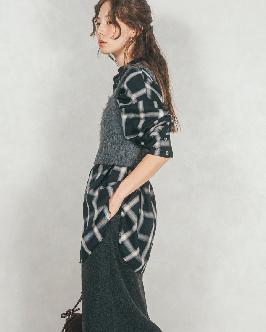 ［SET］Looseチェックシャツ+モヘアタッチKnitビスチェ